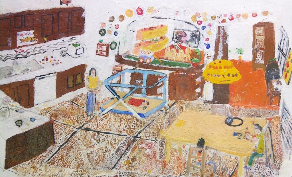 Painting showing the interior of a house where two people are eating and there is a baby bram with a baby in the middle