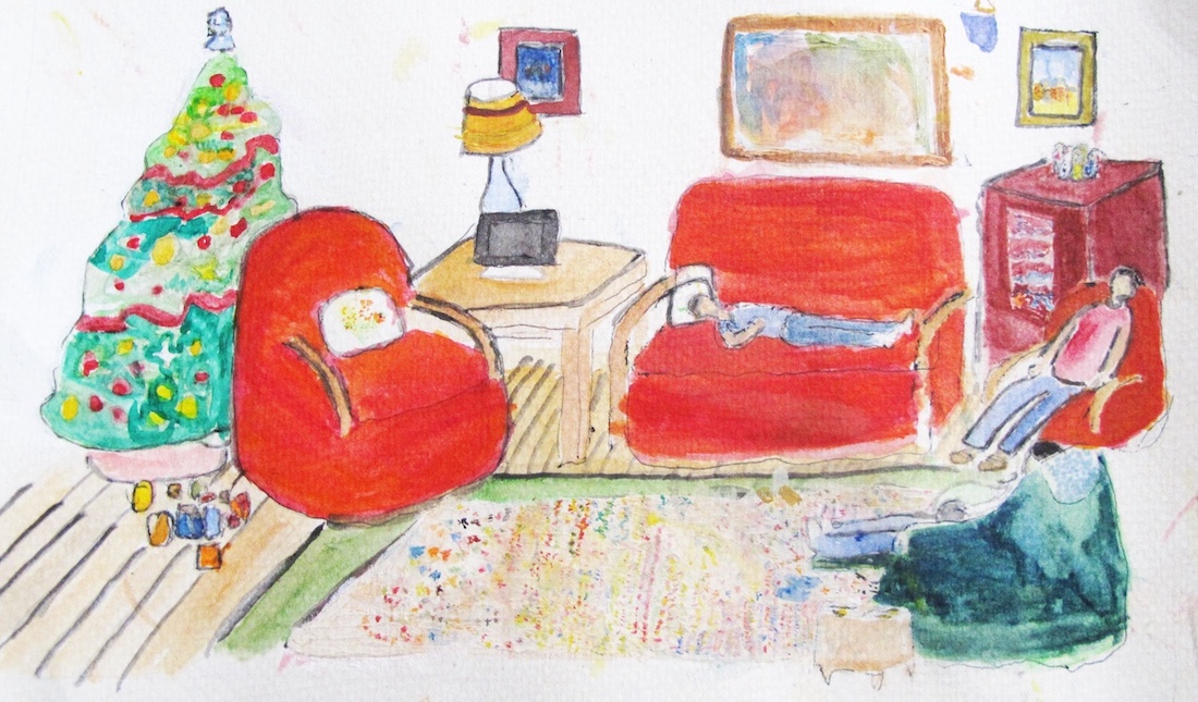 Painting showing a living room with a Christmas tree, three arm chairs and a sofa. There is people sitting in two of the armchairs and a person lying on the sofa