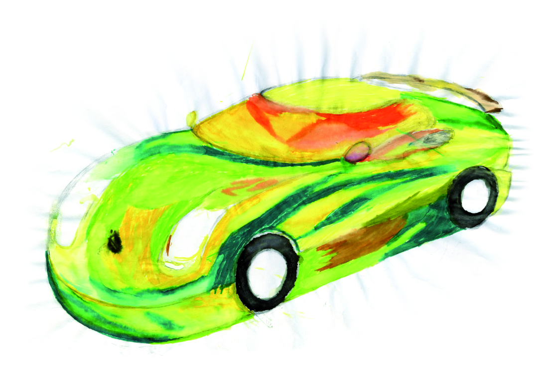 Painting of a modernist car in yellow and green