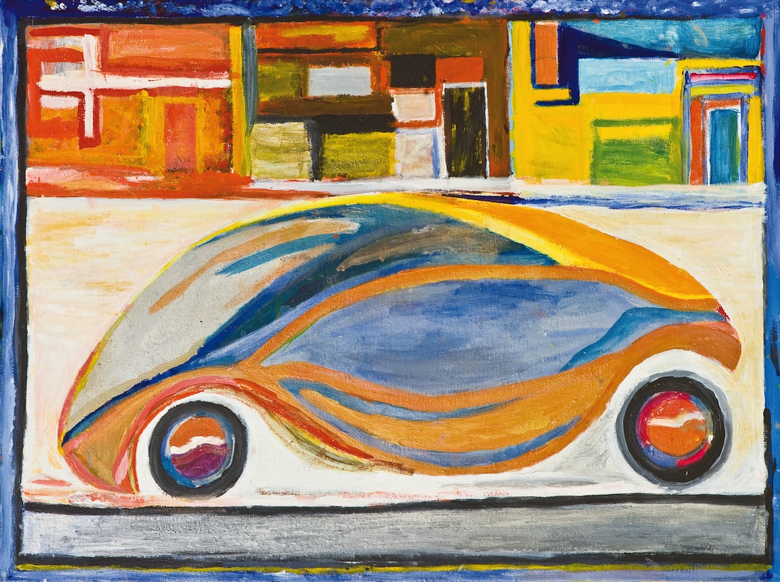 Painting of a modernist car. There are geometrical structures on the background simulating buildings