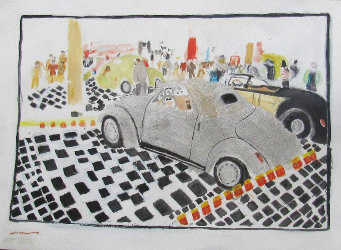 Painting of a grey, a black and beige and a yellow car parked on a black, white and red mosaic floor. There are people walking around