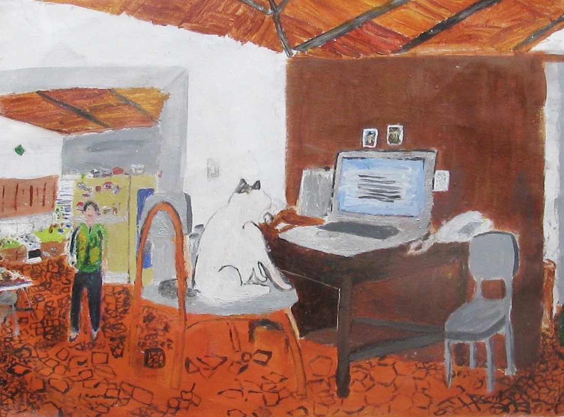 Painting showing the interior of a house where Bombon, a cat, is sitting in front of a computer. To its left there is a person standing and watching