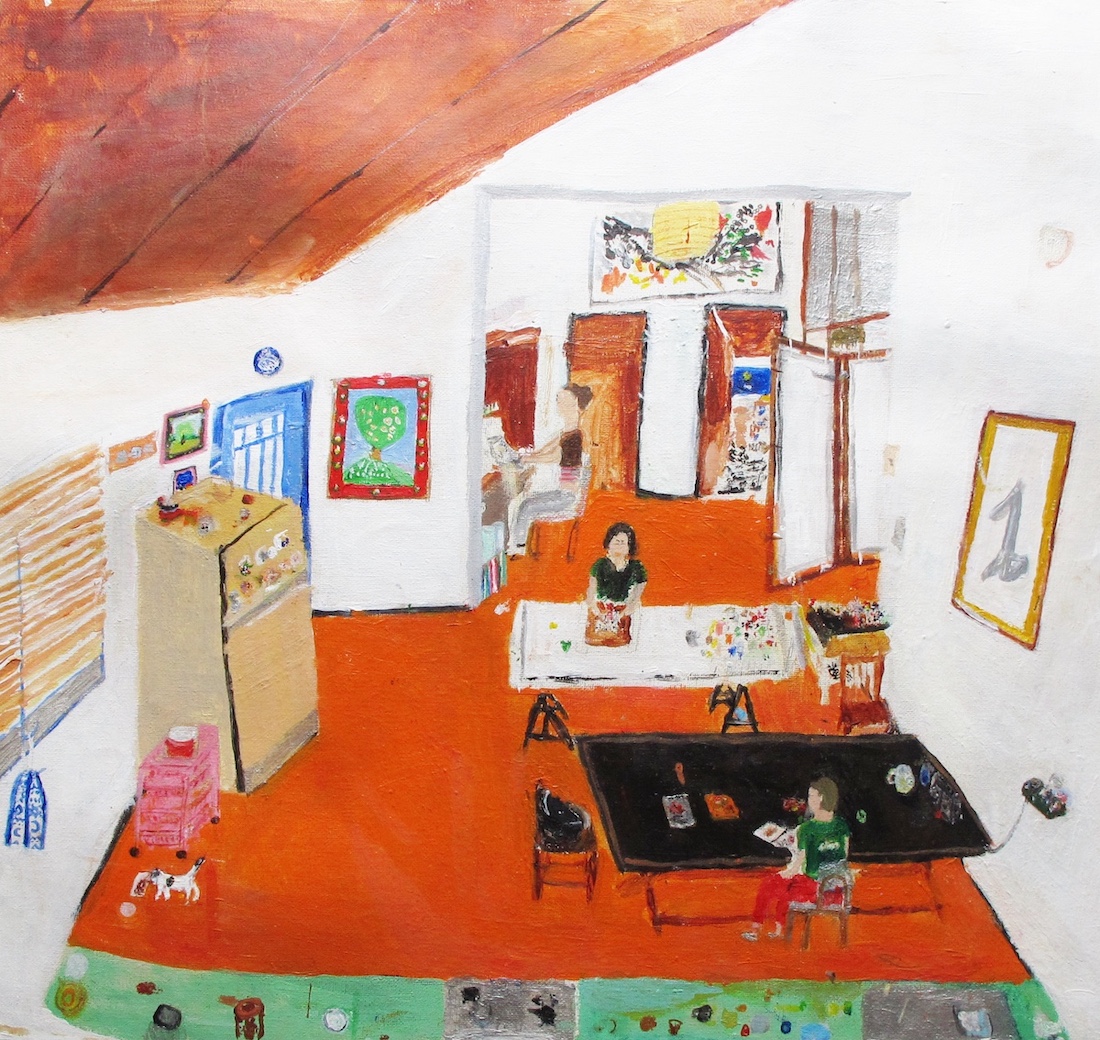 Painting showing the interiof of a house where two persons are painting in large tables. In the background, another person is sitting working on a computer