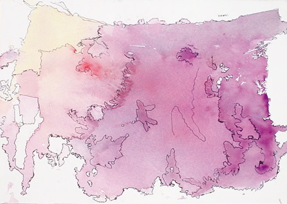 Pintura abstracta. Una forma irregular en colores violeta y rosado simulando la forma de un pais con líneas simulando rutas de vuelo sobre la superifice