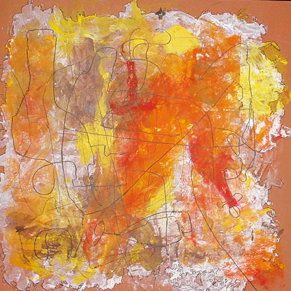 Pintura abstracta. Una forma irregular en colores amarillo, anaranjado y marron simulando la forma de un pais con líneas simulando rutas de vuelo sobre la superifice